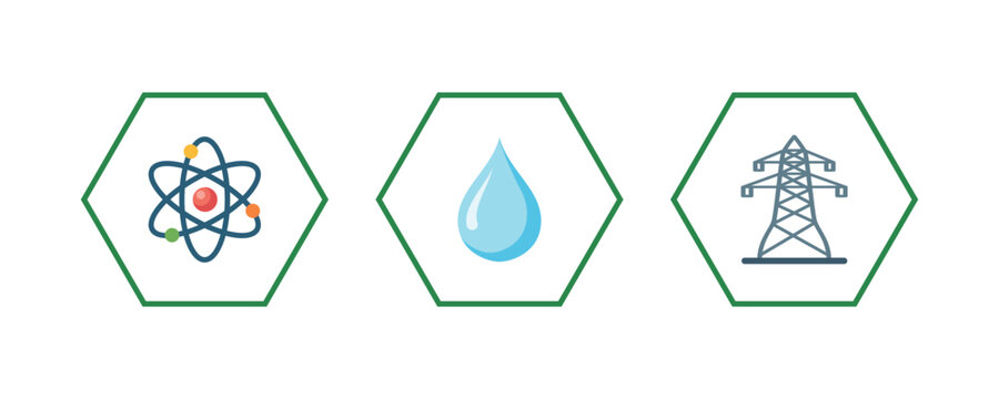 Vector Energy and Resource Management Icons Set Featuring Nuclear Atom Water Drop and Electric Transmission Tower in Hexagonal Frames