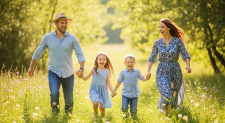 Fototapeta premium Happy family running through a sunny meadow