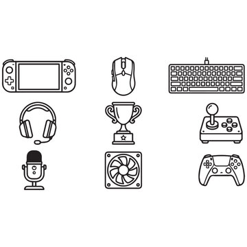 Gaming Equipment Line Icon Set Featuring Console Keyboard Headphones Trophy And Monitor. 