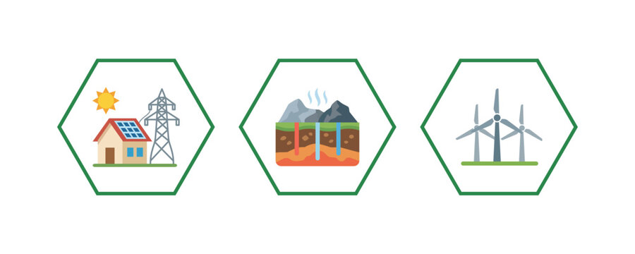 Vector Renewable Energy Icons Set Featuring Solar Powered House Geothermal Thermal Energy and Wind Turbines in Hexagonal Frames