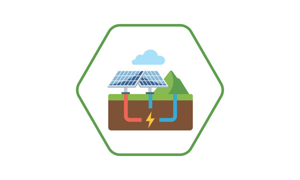 Vector Solar Panels with Geothermal Energy System Inside Hexagonal Frame Renewable Energy Icon