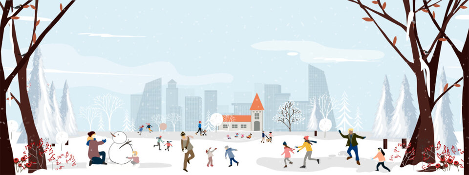 Winter Christmas Seamless Pattern Snowy City Park, People Playing Snowball Fight in Christmas City Park, Snowman, Trees, Houses In New Year Landscape, Vector Background Holiday Banner,Seasonal Design