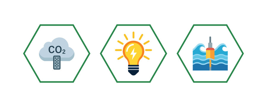 Vector Carbon Capture Energy Efficiency and Wave Energy Icons Set in Hexagonal Frames