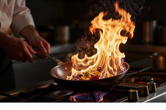 Chef cooks vegetables in a pan over high heat creating a flame in a busy kitchen