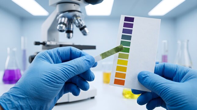 Close up of gloved hands performing ph test analysis with litmus strip in clinical lab research science technology innovation concept