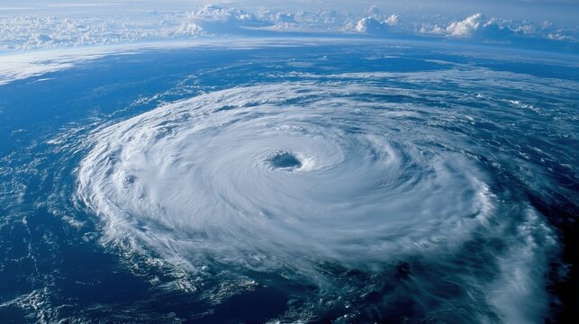 View of a powerful hurricane spinning over the blue ocean from space
