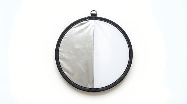 Foldable silver reflector disc for professional photography lighting. Portable round light modifier enhancing studio and outdoor shoots.