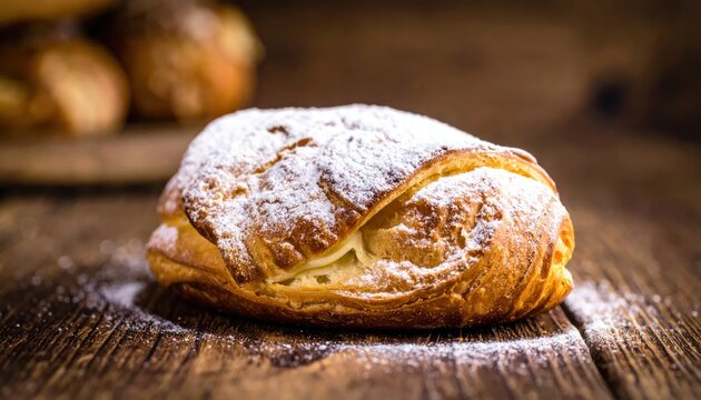 Delicious Cream Puff Pastry Sprinkled with Powdered Sugar on Wooden Table.