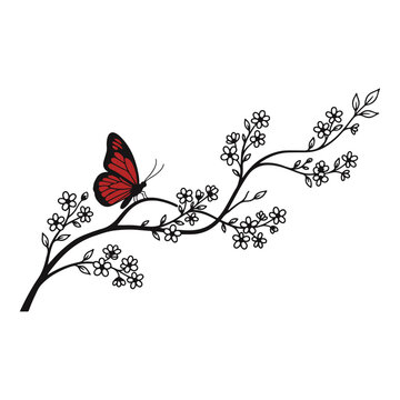 Red Butterfly Perched On Blooming Floral Tree Branch Vector Line Art Illustration.