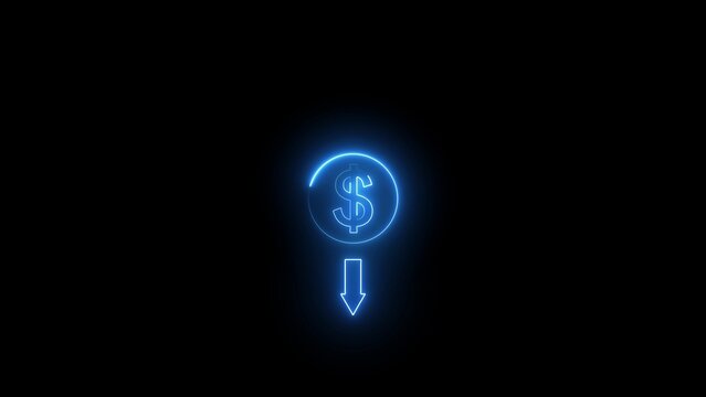 Blue Neon Dollar Sign with Downward Arrow Symbol Indicating Financial Decrease or Loss on a Dark Black Background with Subtle Glow Effect and Copy Space for Text and