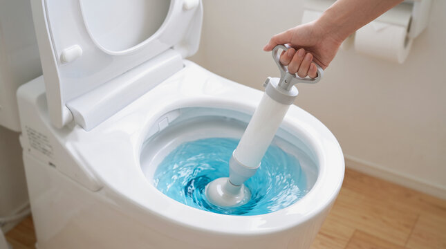 洋式トイレの詰まりを真空式パイプクリーナーで解消する様子・トラブルの修理とお手入れ
