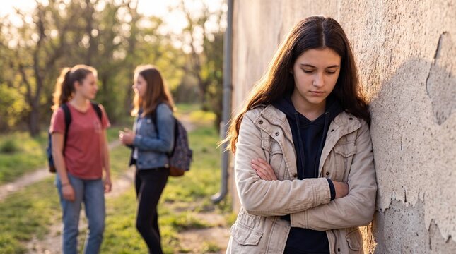 Sad teenage girl standing alone against wall while friends talk in background