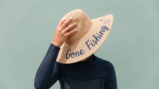 Person hiding face behind straw sun hat with gone fishing embroidery on green background
