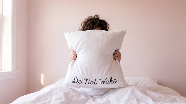 Person with messy hair hiding behind pillow with do not wake embroidery in bed