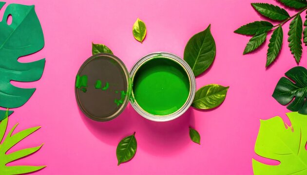 Vibrant green paint can surrounded by lush tropical foliage.