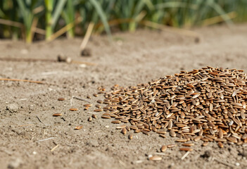 Obraz premium Pile of flax seeds on fertile soil in a garden, agriculture and healthy eating concept, close up