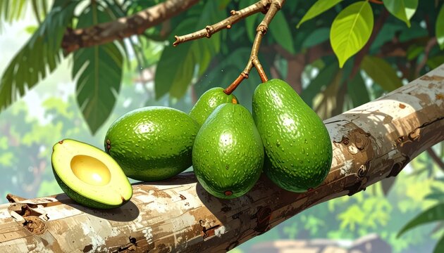 Fresh Avocados on a Branch - A Vibrant and Healthy Harvest.
