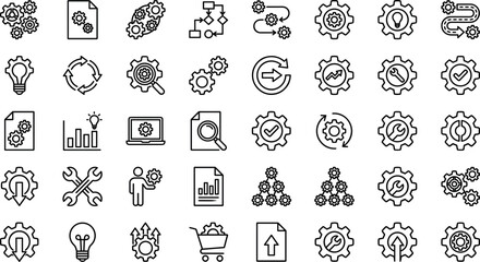 Fototapeta premium Business Process Optimization and Operations Management Icon Set with Gear Symbols for Workflow Automation System Integration and Technical Development Solutions