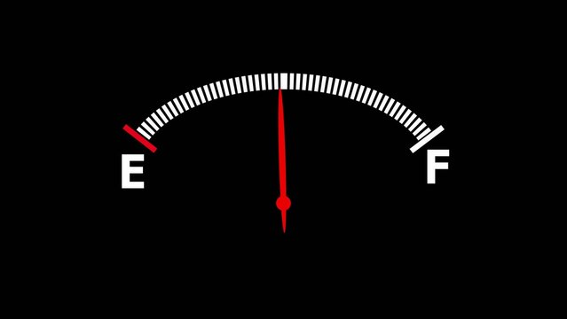 Close up view of a car's fuel gauge indicator needle pointing towards the empty E' mark on a black background with white markings and red needle