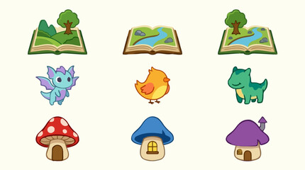 Fototapeta premium Vector Icon Sheet of a Fantasy Landscape with an Enchanted Forest, Cute Mythical Creatures, and Mushroom Houses, Flat Design Style