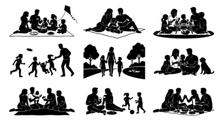 Family Picnic Silhouettes, Outdoor Leisure Activities, Summer Recreation Scenes, Vector Collection