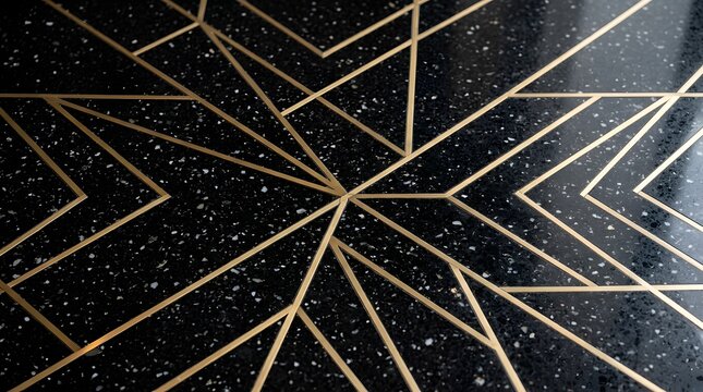 Elegant black terrazzo flooring featuring intricate geometric gold metal inlays arranged in a stylish modern pattern within a luxury interior space