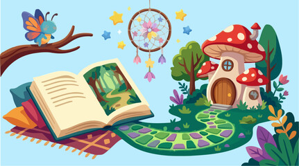 Obraz premium Vector Illustration of an Open Storybook Laying on a Cozy Rug with Pillows, Revealing a Forest Path Leading to a Mushroom House, Dreamcatcher and Butterfly in a Whimsical Fantasy Scene
