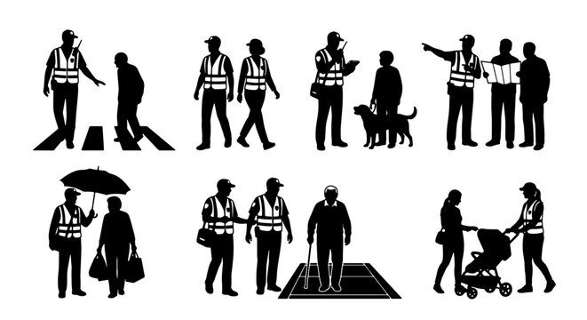 Safety Personnel Assisting Pedestrians, Traffic Control Icons, People Crossing Road, Security Guard Silhouettes, Assistance and Guidance Vector Set