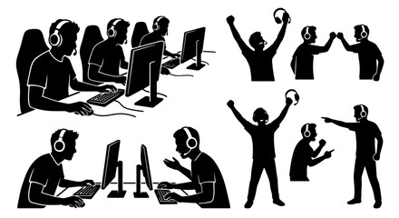 Esports gamer silhouettes, professional gaming team set, competitive players with headsets and computers, black and white vector icons © Rahat Mollah