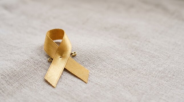 Golden awareness ribbon pinned to textured fabric background symbolizing hope and support for various causes