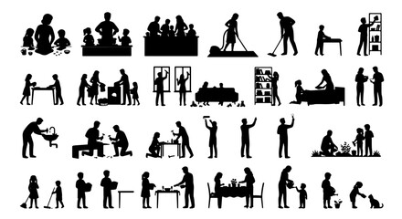 Plakat Family household chores silhouettes, people cleaning and cooking icons, 28 black vector illustrations of domestic life and home maintenance