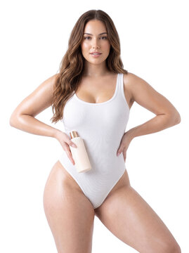 Radiant woman in a white swimsuit holding a body care product, embodying beauty, wellness, and self-confidence, Isolated on a Transparent Background PNG