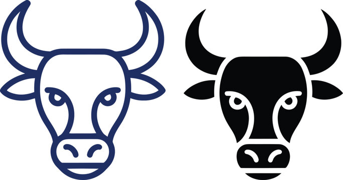 Cartoon cow face with big horns and happy expression