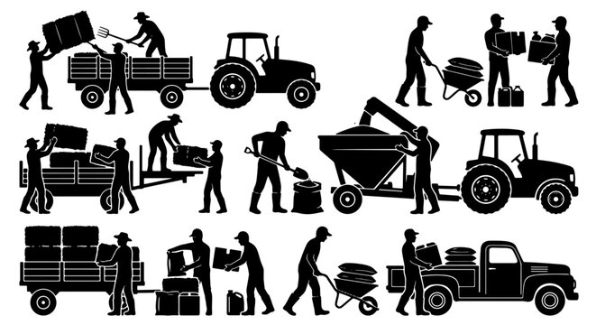 Agriculture farming silhouettes set, farmers working with tractors and machinery, rural harvest workers loading trucks and trailers vector collection