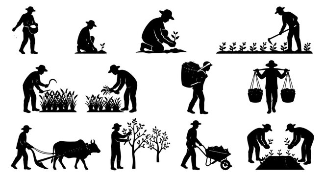 Traditional farming silhouettes set, black agricultural worker icons, vintage rural laborer vector collection for organic gardening and harvest
