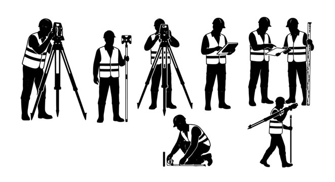 Land surveyor silhouette vector set, civil engineering workers with theodolite and total station, construction site measurement professional icons