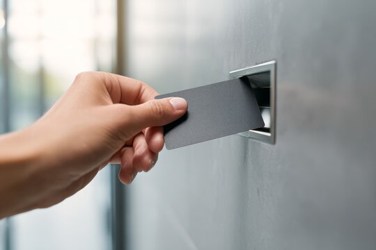 Close up of hand insert gray card into card reader, access control, security system, contactless payment, modern interior. Use for technology, security, finance, or lifestyle concepts.