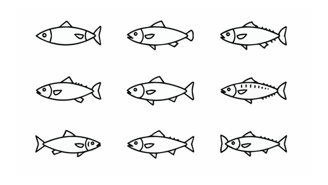 Set of nine monochrome fish icons with simple line art style in black on white background for aquatic biology and marine life illustrations