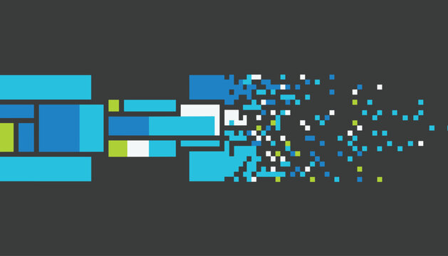 Abstract technology background featuring pixels and block disintegration over dark gray canvas with copy space.