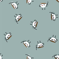 Fototapeta premium seamless pattern dessert coffee mug character cartoon. cute retro, doodle cake, vintage smoke dessert coffee mug character sign vector