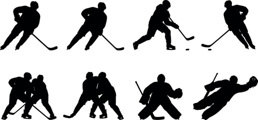 Ice hockey player silhouettes set with goaltenders and players skating shooting puck and defending © MDRIMON
