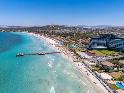 Aerial view of Ilica beach. Ilica is a neighborhood in the municipality and district of &Ccedil;eşme, İzmir Province, Turkey.