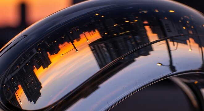 Metallic surface reflecting cityscape at sunset