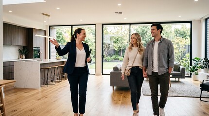Fototapeta premium Real estate agent shows modern home to happy couple during house viewing