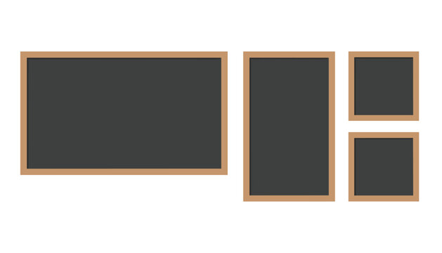 Collection of four blank blackboards in different rectangular shapes framed in wood on a white background.