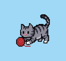 Obraz premium Pixel art grey tabby cat playing with red yarn ball 8-bit retro video game sprite clipart isolated