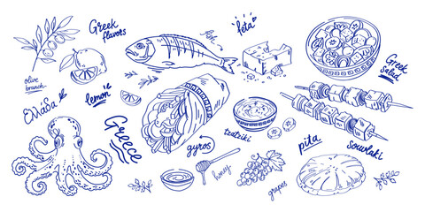 Obraz premium Greek cuisine doodle set: gyros, souvlaki, Greek salad, feta cheese, pita, tzatziki, octopus, fish, olives, grapes, and lemon. Hand drawn for restaurant menus, food branding, packaging, travel.Vector