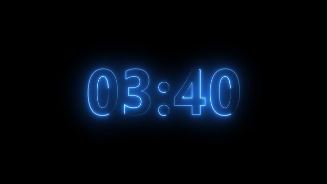 Neon Blue Digital Clock Showing Three Minutes and Forty Seconds Illuminated Against a Black Background with a Glowing Effect Representing Time Measurement and Countdown Sequences