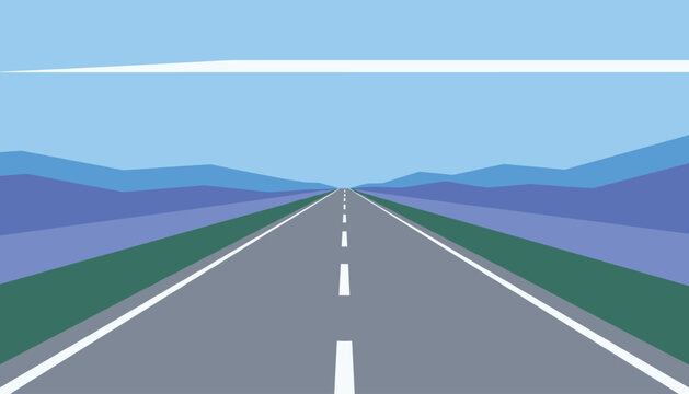 Flat vector perspective illustration of an empty asphalt highway stretching toward distant mountains under blue sky.