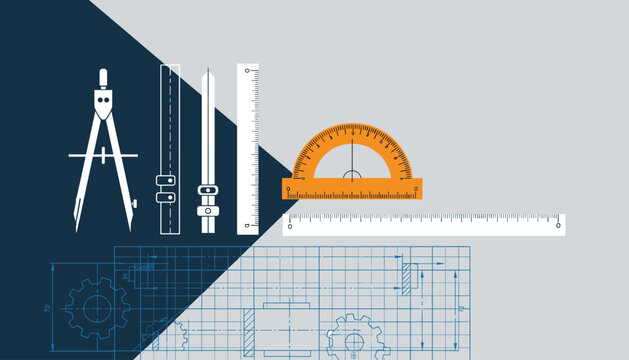 Professional engineering drafting tools with rulers protractor and compass over blue blueprint technical drawing.